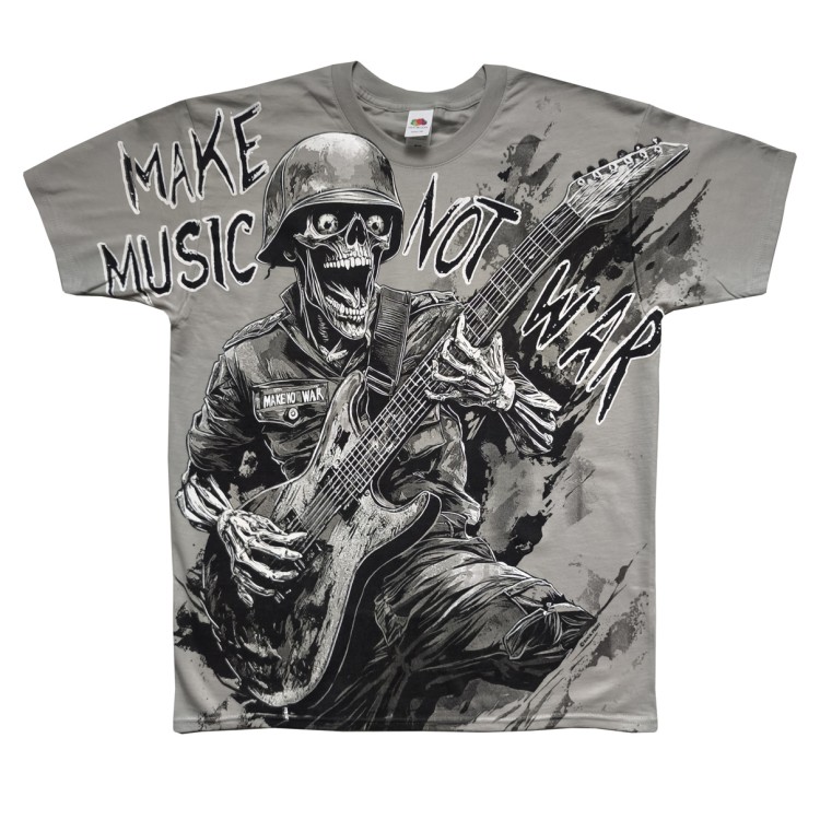 koszulka make music not war skull grey przod